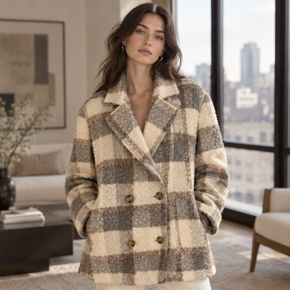 Newin NJ90324 Women's Plaid Double Breasted Teddy Coat Size L Brown Cream